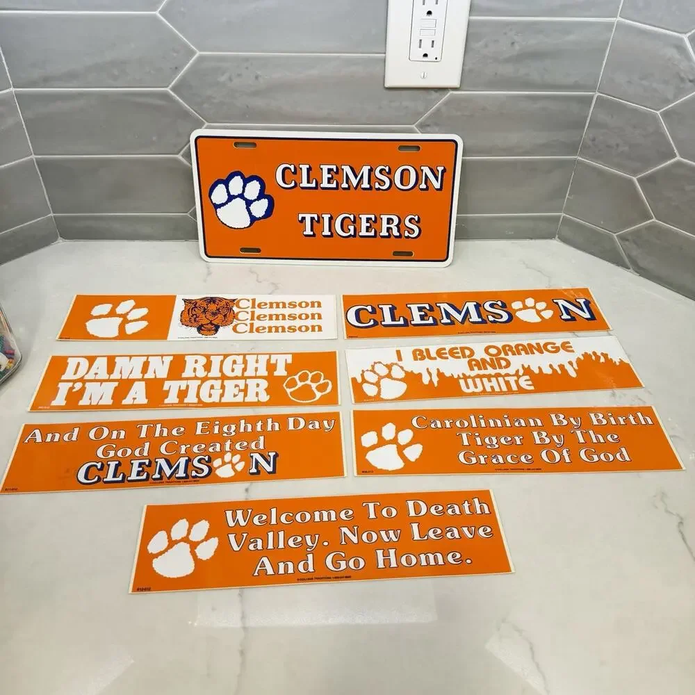 Vintage Clemson Tigers Fan Lot License Plate & 7 Bumper Stickers Bundle NCAA